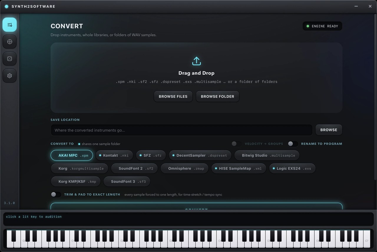 The Synth2Software desktop app, showing its dark hardware-styled interface.