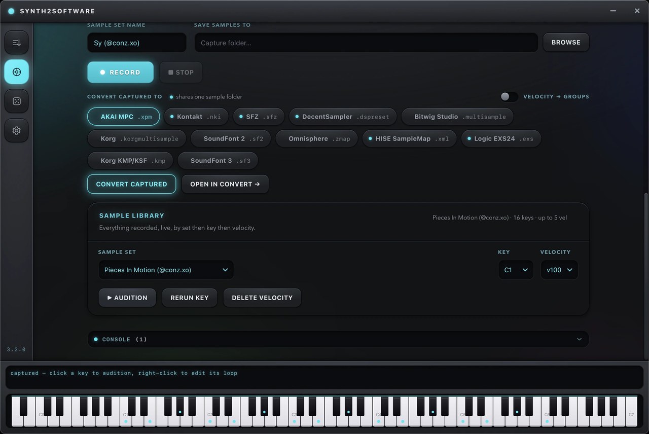The sample library, organised by set, key and velocity