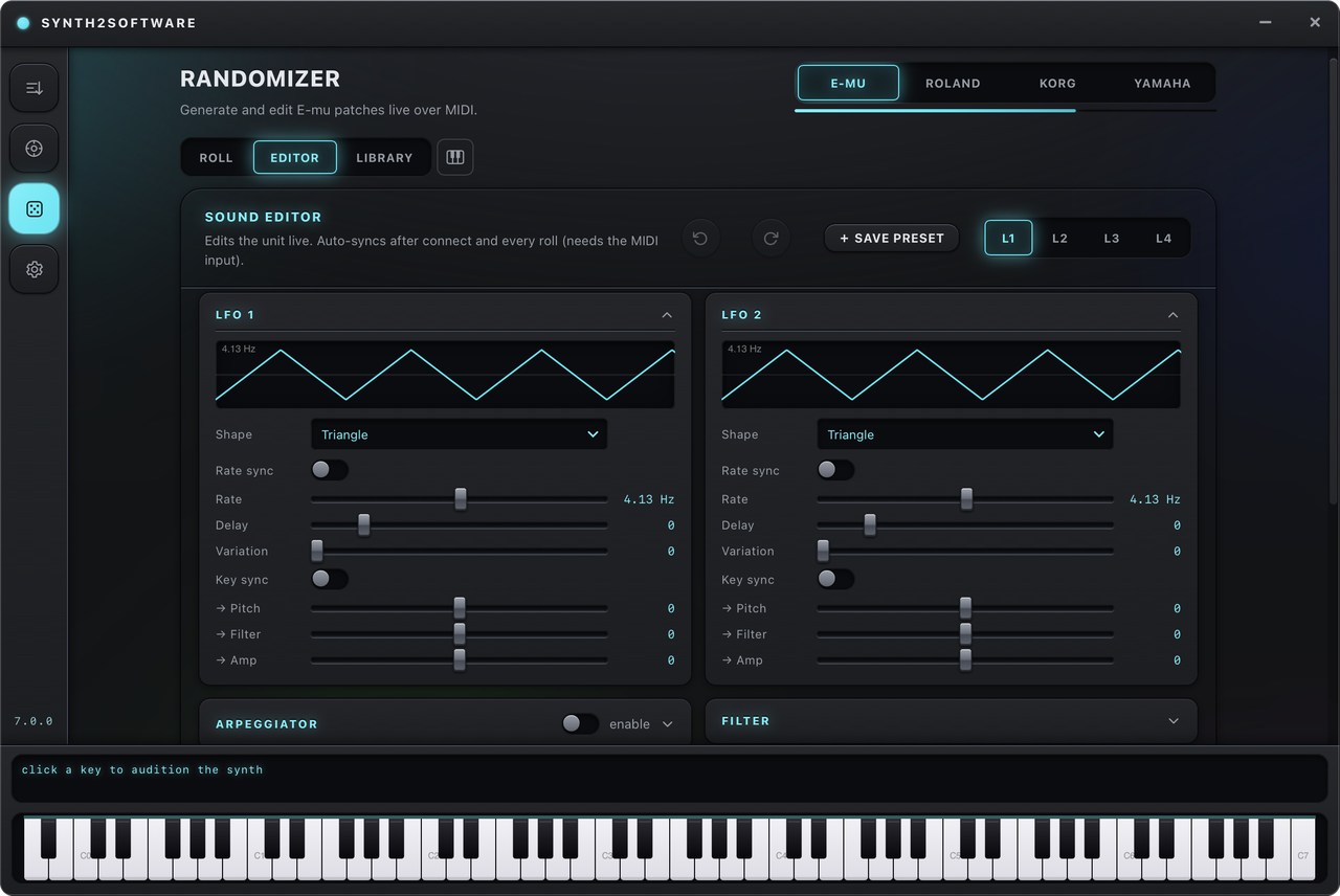 The E-MU sound editor: filters, envelopes and LFOs over MIDI.