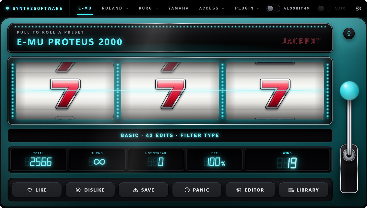 The Synth2Software Randomizer Plug-in inside a DAW, connected to an E-MU Proteus 2000.