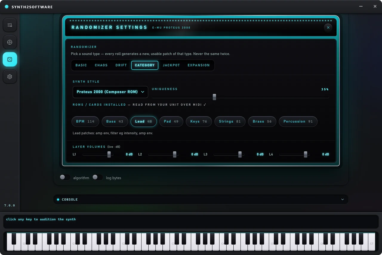 Category mode: picking Lead on an E-MU Proteus 2000.